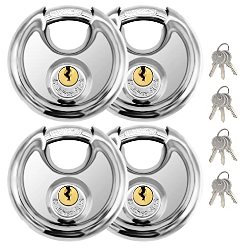 Vervida¢ç Keyed Padlock 70mm Waterproof Stainless Steel, 3/8 Inch Shackle Heavy-Duty Round Outdoor Lock for Storage Units & Garages 4-Pack with 12 Keys (Keyed Different)