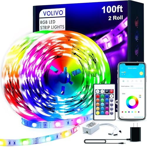 VOLIVO Bluetooth 100ft RGB LED Strip Lights for Bedroom, App & Remote Control
