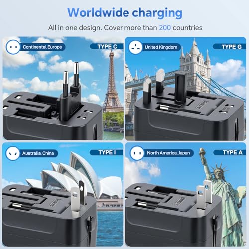 MINGTONG Black Worldwide All-in-One Travel Power Adapter with USB-C & USB-A Ports