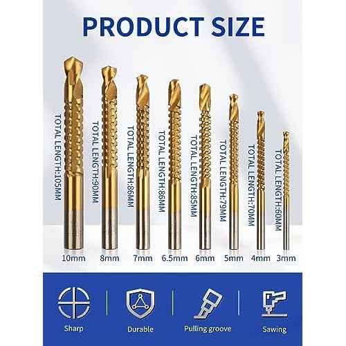 Rocaris 8 Pack Titanium Coated HSS Twist Drill Bits, 3-10mm Serrated Side Cutting Drill Bit Woodworking Tools for Plastic Metal Wood Hole