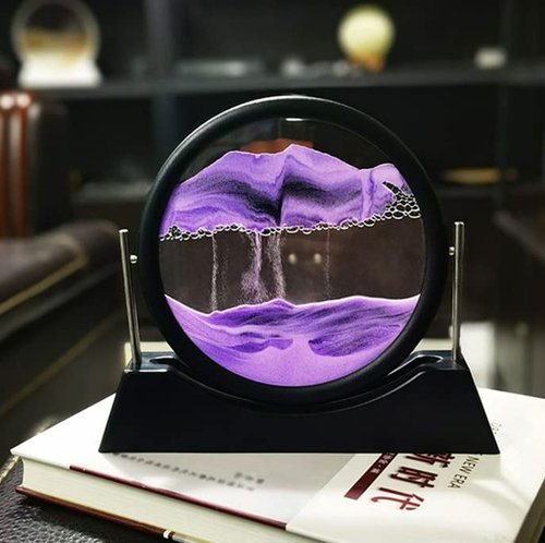 Oneshow Moving Sand Art Picture Flowing Sand Painting 3D Deep Sea Sandscape Liquid Motion Display 360° Rotation Round Glass Frame Relaxing Desktop Home Office Decor for Adult Desk Art (Purple)