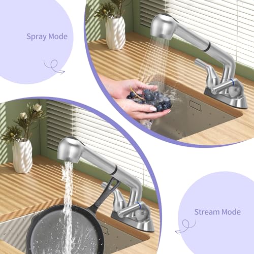 Chrome Finish Utility Sink Faucet with Pull Out Sprayer - Dual Handle, 4-Inch Centerset