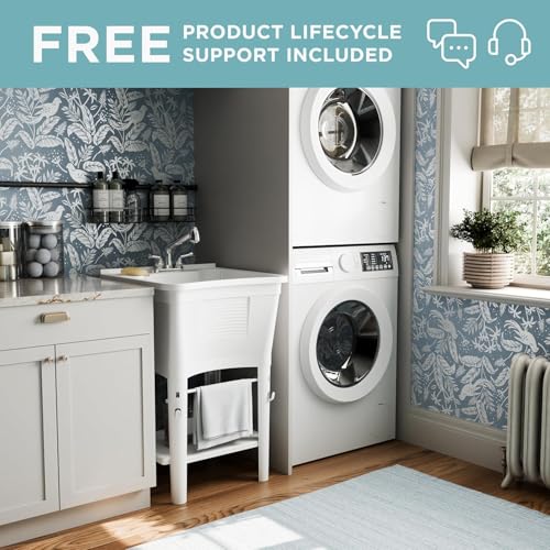 Zenna Home Utility Sink Laundry Tub with Pull-Out Faucet - All-in-One Freestanding Laundry, Garage & Outdoor Kitchen Sink, 24x24x36.75 inches, White
