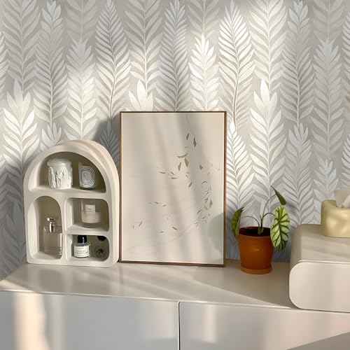Beige Leaf Peel and Stick Wallpaper Boho 17.32" X 118.11" Modern Leaves Contact Paper Self Adhesive Removable DIY Wall Paper for Bedroom Kitchen Leaf Wallpaper Vinyl Roll