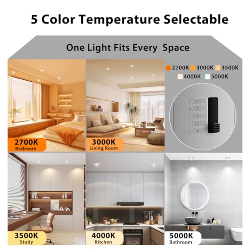 Zouzai 4 Inch Gimbal LED Recessed Lights - 5 CCT, 10W, 980LM, White, 6 Pack