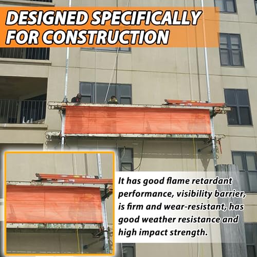 FULEIYA 40ft Construction Safety Debris Netting with 24 Tapes & Buckles - Orange Fire Retardant Pump Jack Safety Net, Scaffold Enclosure (Model: 40TF-1P)