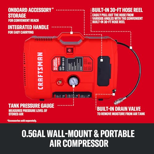 CRAFTSMAN Wall Mount Tire Inflator & Air Compressor 125PSI, 30ft Hose, Oil-Free