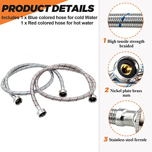 Beaquicy 6ft Stainless Steel Braided Washing Machine Hoses, Hot & Cold, 2 Pack