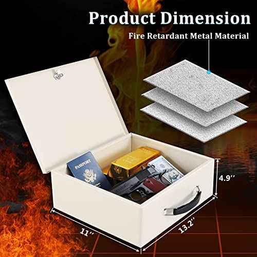 Dalmbox Portable Fire Safe Box with Key Lock, Fire Resistant Metal Lock Box for Documents, Security Strong Storage Box Safety Deposit Box for Home, Outside, Car, XL Large,13.2¡±x 11¡±x 5.1'', Beige