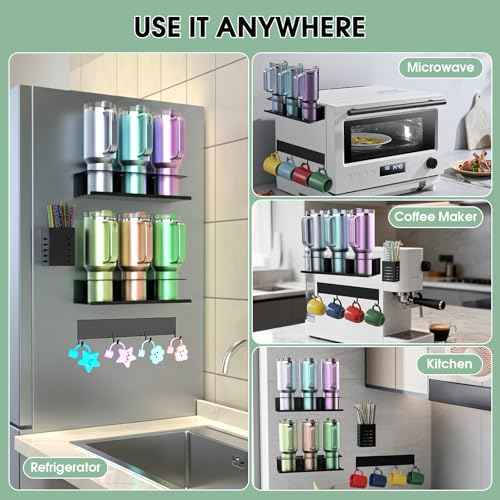 2 Pack Magnetic Stanley Cup Organizer Water Bottle Holder for Stanley 30&40 oz Tumbler with Lid Hook Straw Holder and Double Sided Tape Hold Stanley Cup Accessories for Kitchen Fridge Cabinet