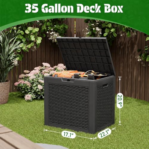 WTFGO Rattan Black 35 Gallon Waterproof Outdoor Storage Box for Patio