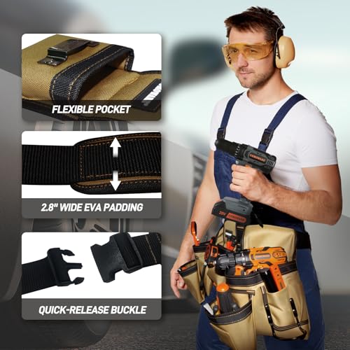 COMOWARE Tool Belt for Electricians & Construction Workers, Adjustable Heavy Duty Work Belt with Magnetic Zone, 17-Pocket Detachable System, Padded 600D Polyester Tool Belt for Men, Coffee Brown