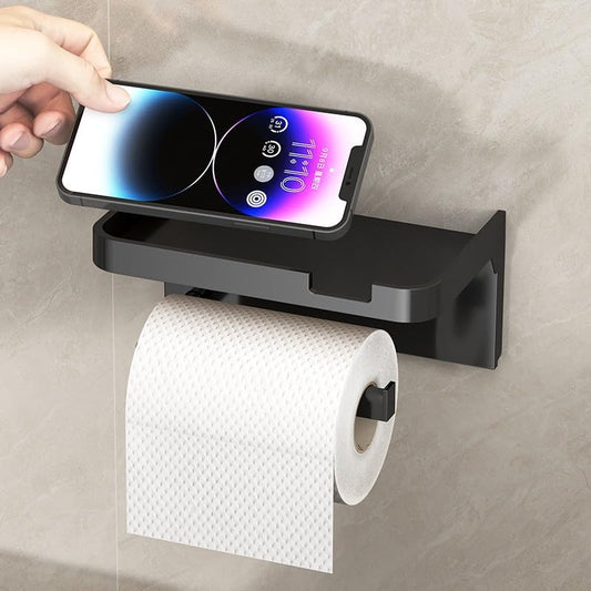 Toilet Paper Holder with Shelf, Fits Mega Rolls, Self Adhesive Wall Mount Toilet Paper Roll Holder, Ideal for Bathroom, Washroom, Kitchen, RV(Matte, Black