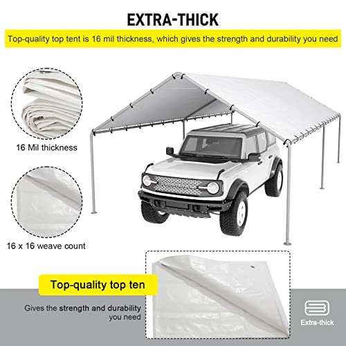 10x20ft White Carport Canopy Replacement Cover with Bungee Cords - Waterproof UV Resistant Shelter