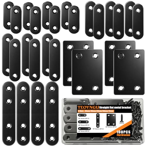 TEOYNGU 100PCS Flat Plate Straight Bracket Set - 5 Sizes Stainless Steel Support for Wood, Cabinets, Shelves, Furniture, and DIY Projects