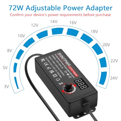 SHNITPWR Adjustable 3V-24V 3A DC Power Supply with 14 Tips - Black