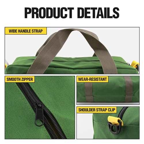 Green 12 Inch Canvas Tool Bag with Zipper & Handle - Multipurpose Organizer for Electrician, Plumbing, Gardening Tools