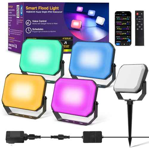 OUTON LED Flood Light Outdoor, 24W RGBAICW Smart Landscape Lighting with APP Control, IP65 Stage Uplight, 44 Scene Modes, 16 Million Colors, Timing, Music Sync Indoor Light for Events Party, 4 Pack