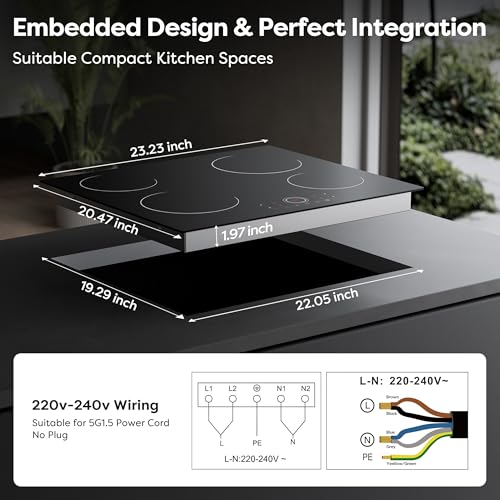 CDV 24 Inch Electric Cooktop with 4 Burners 6000W Black - Touch Control