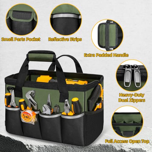 Tool Bag, Portable Tool Box Organizer Adjustable Shoulder Strap, Carry Tool Tote Heavy Duty Tool Storage Bag With Wide Mouth,Tool Bags for Men Mechanic EngineerGift - L, Army Green & Black