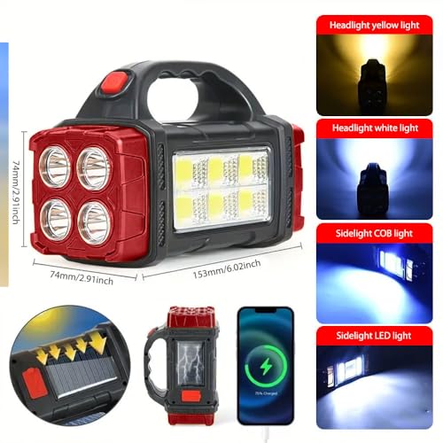 Premium High Lumens LED Work Light ? Multipurpose Flashlight with Searchlight and Lantern Features - Rechargeable Outdoor Waterproof Solar Flashlight - Portable & Lightweight(red