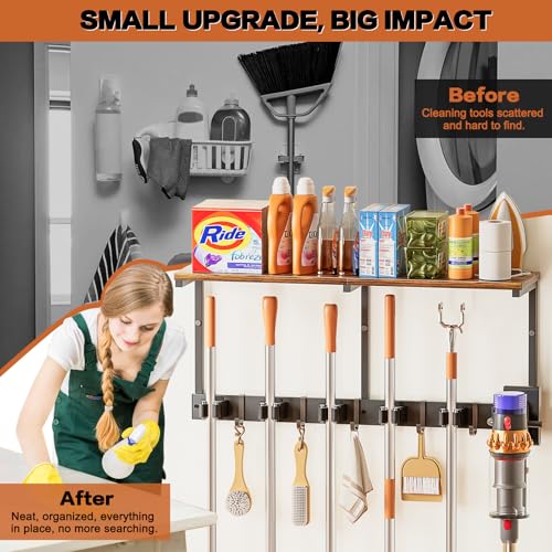 Broom Holder Wall Mount with Cleaning Supplies Organizer, Laundry Room Organization and Storage Shelves with Mop Hanger Rack Gripper Hooks, Utility Shelf Closet Organizer for Home Garage Kitchen