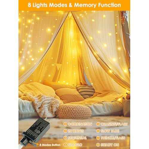 66Ft 200 LED Fairy Lights Plug in, Waterproof String Lights Outdoor & Indoor 8 Modes Christmas Light Bedroom Decor, Timer Twinkle Lights for Girl's Room Garden Party Christmas Decorations (Warm White)