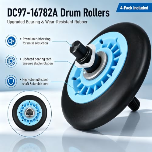 MONKEMON Upgraded Samsung Dryer Repair Kit - 4 Roller + Idler + Belt, Blue