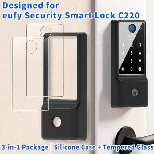 ¡¼3 in 1¡½ Silicone case for eufy Security Smart Lock C220 Electronic Fingerprint Keypad Deadbolt with Code, with 2 Pack Tempered Glass Screen Protectors-Black