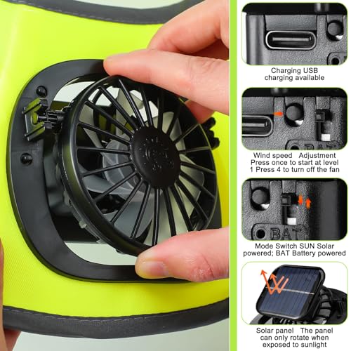 1 Set Sun Hard Hat Shade Full Brim Hard Hat Sun Visor with Solar Fans and Neck Sunshade Cover High Visibility Full Brim Mesh with Reflective Strip, Summer Protection Accessories(Fluorescent Yellow)