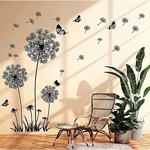 Runtoo Black Dandelion Wall Art Stickers - Large Flower Butterfly Wall Decals for Bedroom & Living Room