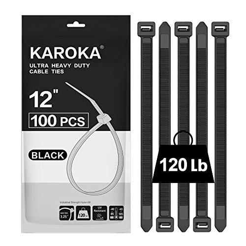 12 Inch Heavy Duty Zip Ties 120 lb Tensile Strength Black Cable Ties 100 Pack - Karoka
