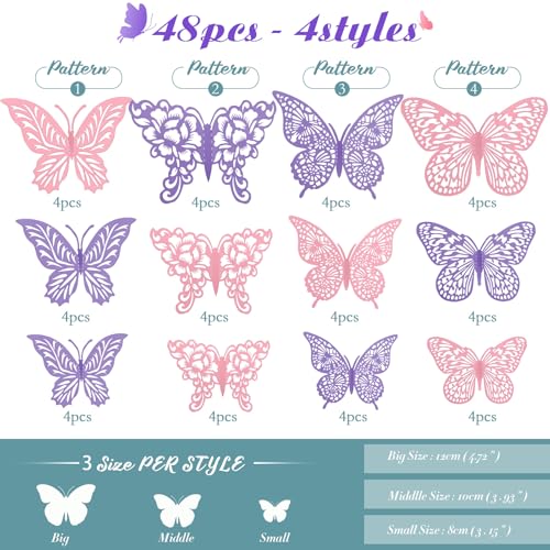 48Pcs Butterfly Wall Decor Set - 4 Styles, 3 Sizes in Purple & Pink, 3D Metal Wall Stickers for Party & Home
