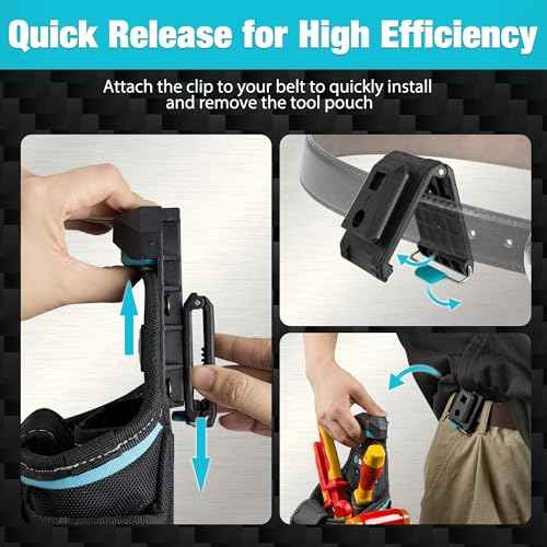 DuraTech Tool Pouch with Belt Clip, Electrician Tool Pouch with Tape Measure Holder & Hammer Loop, Quick Release Buckle, Expandable Support Frame, Ideal for Construction, Carpentry and Handyman Use
