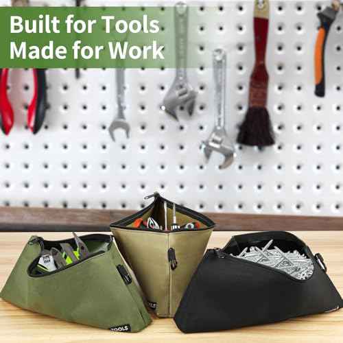 3 Pack Premium Tool Pouches Zipper Bag, 12 in Small Tools Bags with Carabiner, Heavy Duty Flat Bottom Utility Multipurpose Storage Organizer Bag for Tool, Stationary, Pencil (Tan, Navy Green, Black)