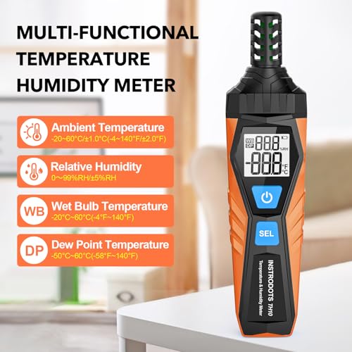 Instrodots TH10 Temperature Humidity Meter Orange – High-Precision Dual Display with Dew Point & Wet Bulb