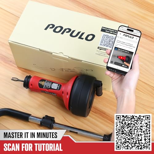 POPULO 17Ft Auto Feed Toilet Drain Snake Auger with Extension Tube - Deep Red