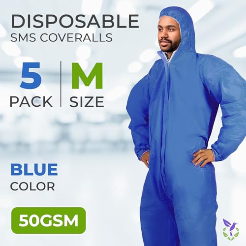 AMZ Medical Supply Blue Disposable Coveralls with Hood, Medium Size. Pack of 5 Hazmat Suits Disposable with Front Zip, Elastic Wrists & Ankles. 50 GSM SMS Painters Coveralls. Waterproof Paint Suit