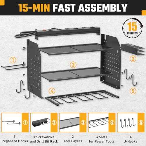 Power Tool Organizer Wall Mount, 3 Layer Charging Station with 6 Outlets, 4 Drill Holders and Drill Bit Rack, Tool Holder Storage Shelf Rack for Garage, Workbench and Workshop, Black