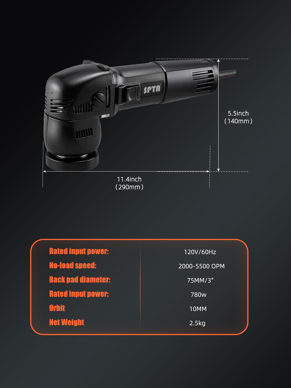 SPTA Mini Orbital Polisher - 3 Inch 10mm/780W Variable Speed Dual Action With Polishing Pads, Sanding Discs, Pad Conditioning Brush