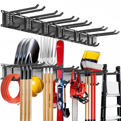 Tebgeag 48-Inch Garage Wall Organizer with 6 Adjustable Double Hooks - Heavy-Duty Tool & Garden Storage System