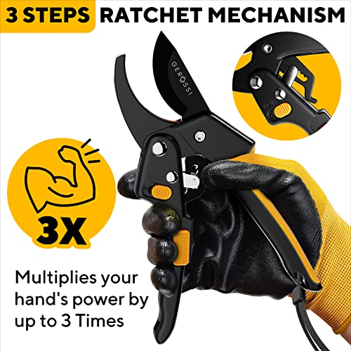 Gerossi Heavy Duty Ratchet Pruning Shears - Orange, 2-in-1 Garden Hand Pruner