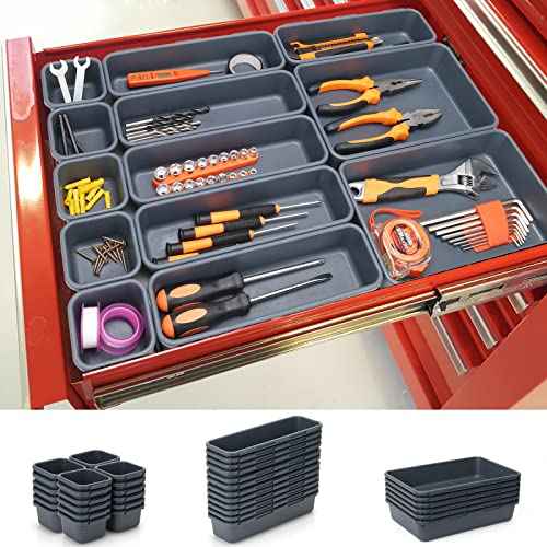 KeFanta 42 Pack Tool Box Organizer Tool Tray Dividers, Rolling Tool Chest Cart Cabinet Workbench Desk Drawer Organization and Storage for Hardware, Parts, Screws, Nuts, Small Tools Organization(Grey)