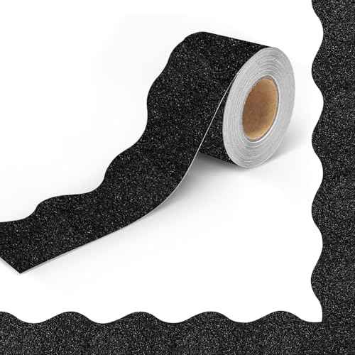 Black Bulletin Board Border, 32 Feet Scalloped Trim Bulletin Board Borders for Classroom Teacher Office Decor ? Glittering Rolled Bulletin Board Decorations for Walls Doors Chalkboards, 1 Roll