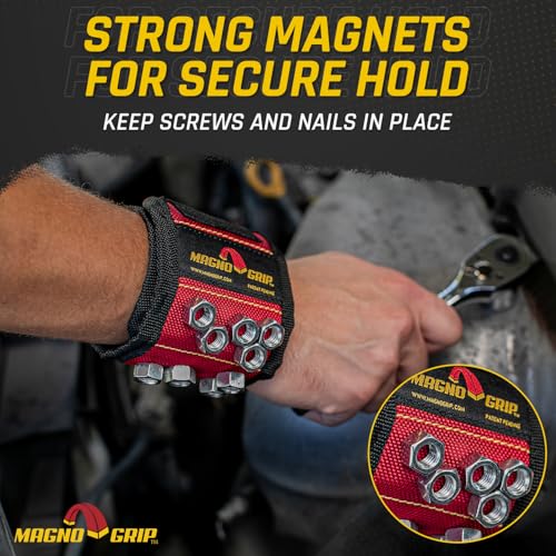 MagnoGrip Magnetic Wristband for Holding Screws, Nails, Drill Bits, Super Strong Magnets, Adjustable Strap, Essential Tool for DIYers, Handyman, Mechanics, Construction & Home Improvement - Red