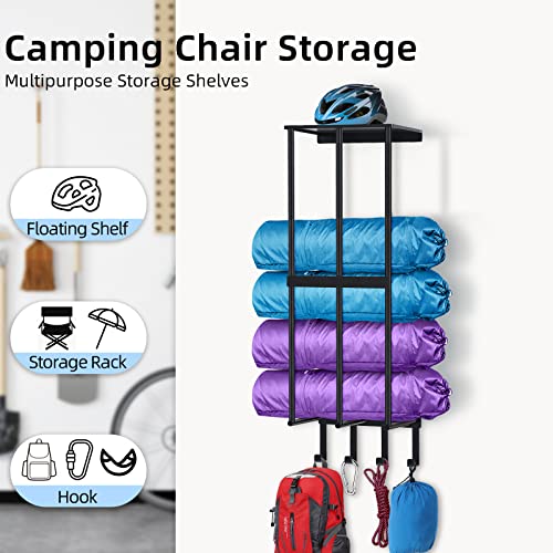 Camping Chair Wall Storage for Garage, Metal Camping Chair Storage Rack Wall Holder, Floating Shelf, 4 Hooks, Stainless Steel, Beach Chair Rack, Umbrella Holder, Garage Chair Organizer, Matte Black