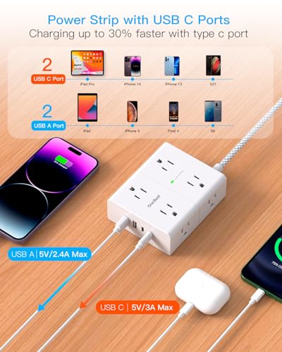 One Beat 15 Ft White & Grey Flat Power Strip with Surge Protector & USB Charging
