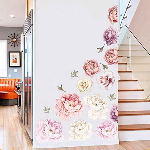 Large Floral Wall Decals, 15 Peonies Flower Set Stickers for Bedroom, Living Room, Nursery, Elegant Floral Decals for Home Decor, Boho Botanical Style
