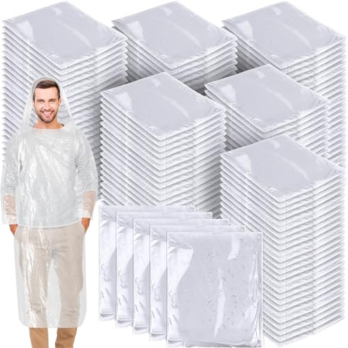 Handepo 150 Pack White Disposable Rain Ponchos with Hood - Emergency Waterproof Outerwear