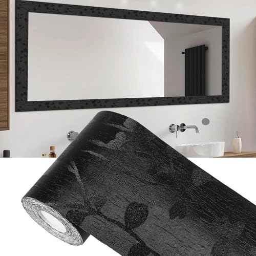 32.8ft Black Floral Grain Mirror Frame Border Peel and Stick Wallpaper, Removable Bathroom Mirror Tape Border Wall Paper, Mirror Trim Peel and Stick Molding for Kitchen Wall Decor (1.96" x 393")
